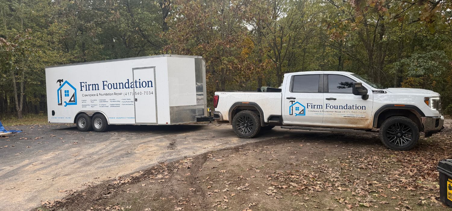 A white Firm Foundation Repair truck and trailer parked on a dirt road near trees, both displaying the company logo and contact information.