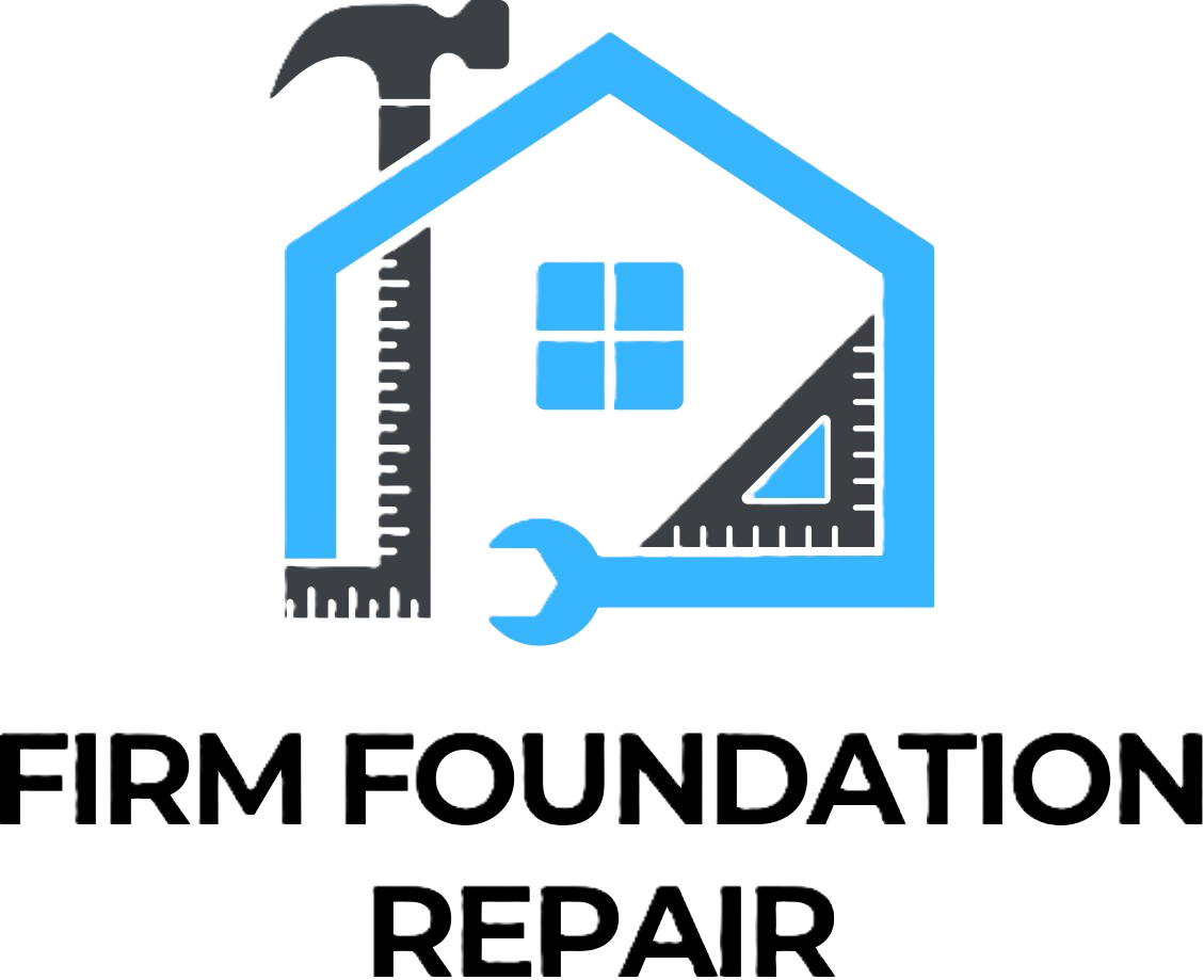 Logo for Firm Foundation Repair featuring a house outline with a hammer, ruler, triangle, and wrench integrated into the design, and the company name below.