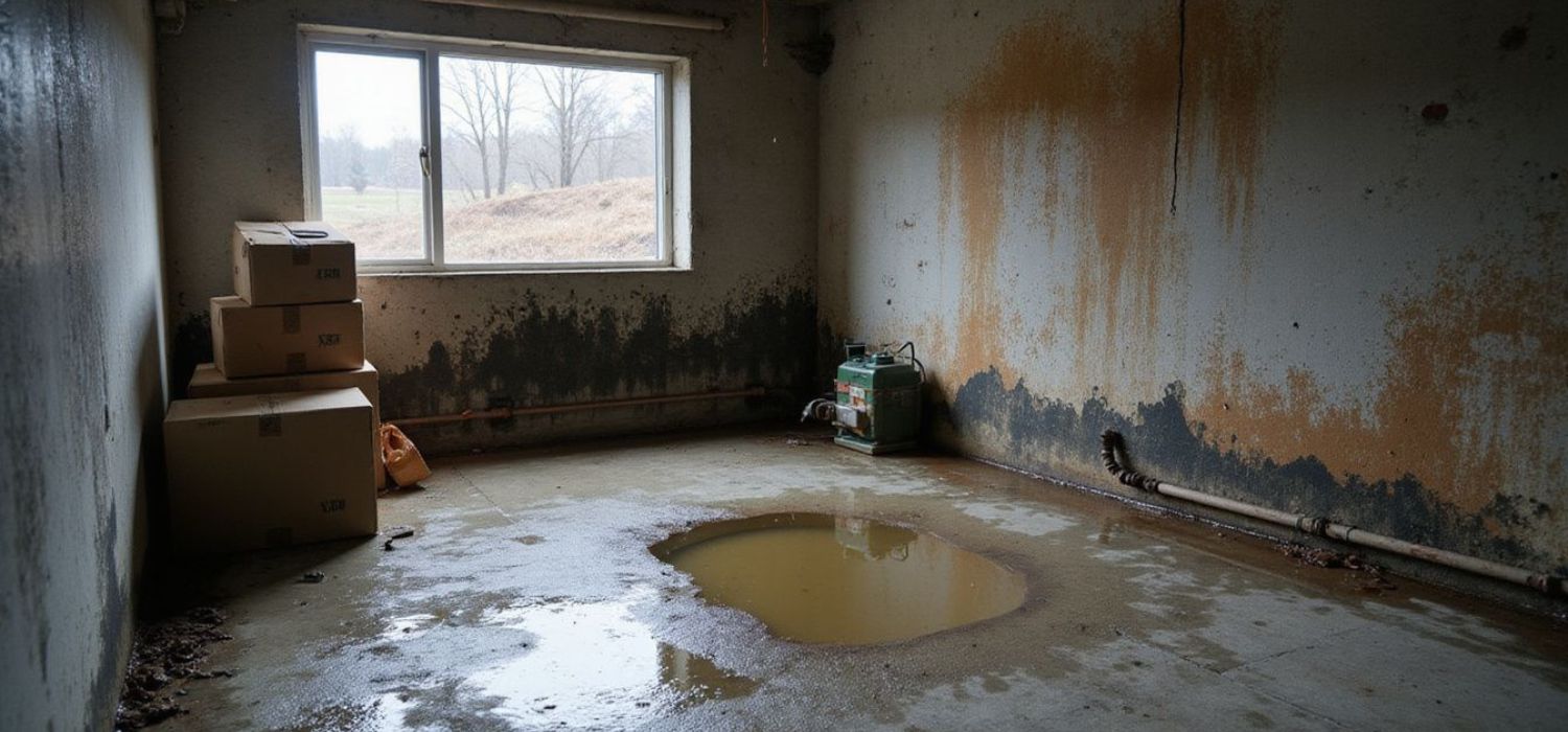 Damp basement with standing water on the floor, visible mold growth on walls, and moisture damage near a window.